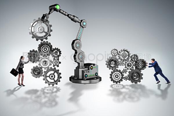 擁有齒輪和機械手臂的商人